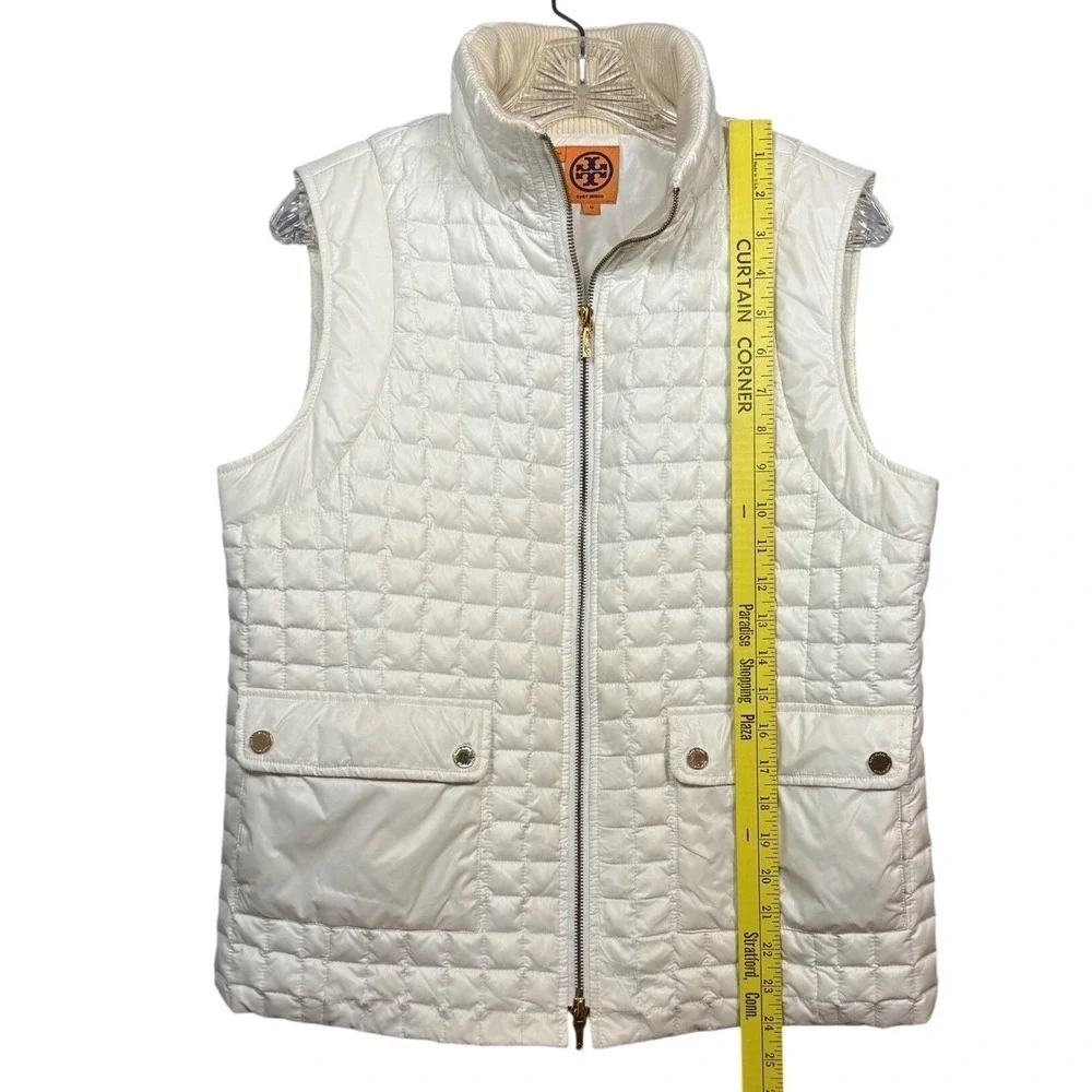 TORY BURCH Tricia Quilted Puffer Vest, White with Gold Hardware, Full Zip Size M